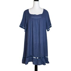 Pistache 100% Linen Oversized Midi Dress Size L Blue Lagenlook Boho Coastal